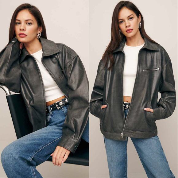 New Reformation Veda Marco Leather Oversized Bomber - Picture 1 of 9